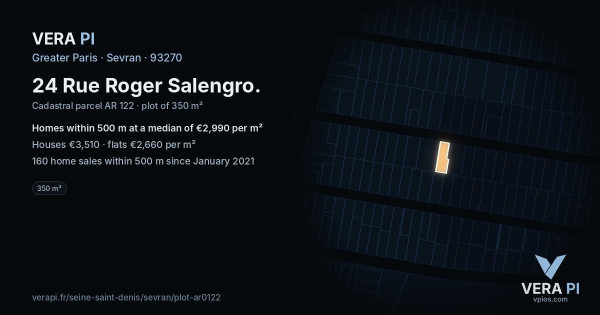 24 Rue Roger Salengro, Sevran at night – the plot lit, the parcels around coloured by the prices near them