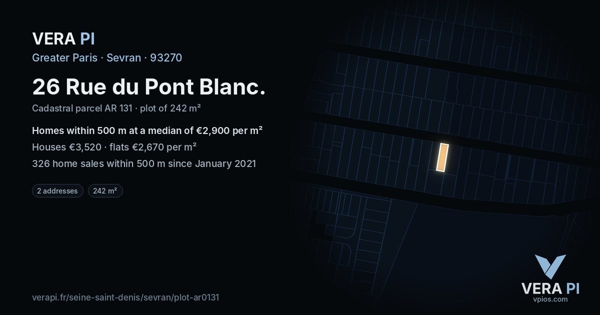 26 Rue du Pont Blanc, Sevran at night – the plot lit, the parcels around coloured by the prices near them