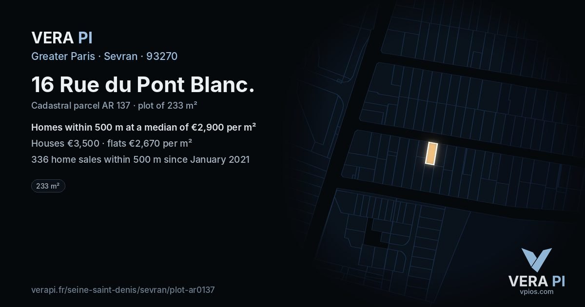 16 Rue du Pont Blanc, Sevran at night – the plot lit, the parcels around coloured by the prices near them