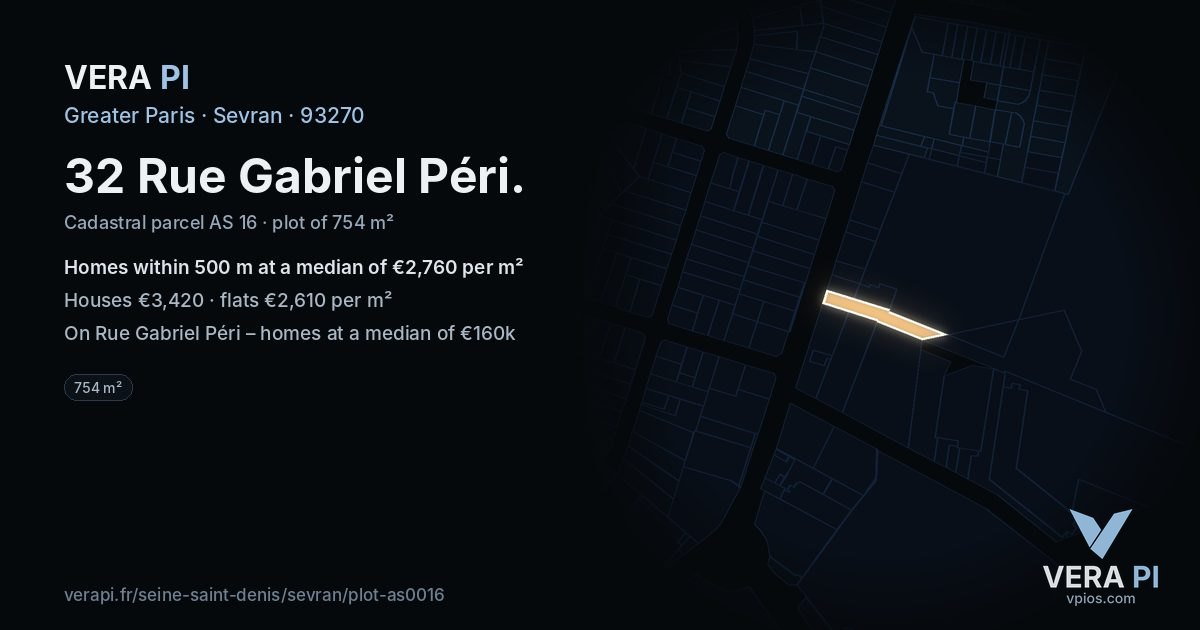 32 Rue Gabriel Péri, Sevran at night – the plot lit, the parcels around coloured by the prices near them