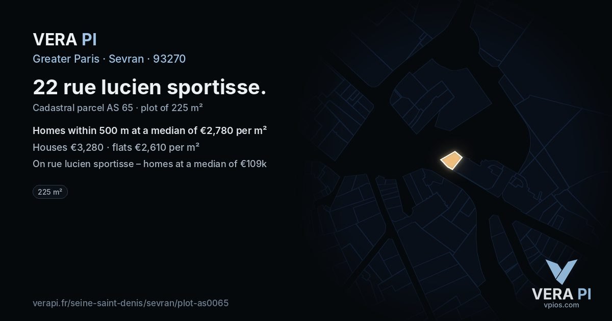 22 rue lucien sportisse, Sevran at night – the plot lit, the parcels around coloured by the prices near them