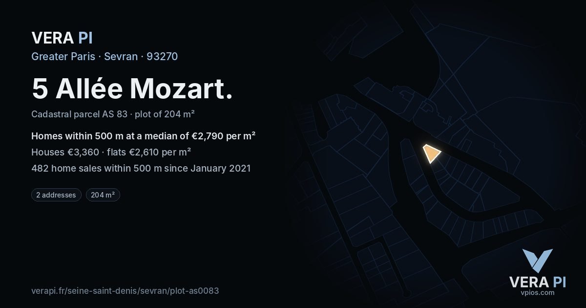 5 Allée Mozart, Sevran at night – the plot lit, the parcels around coloured by the prices near them