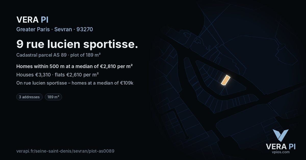 9 rue lucien sportisse, Sevran at night – the plot lit, the parcels around coloured by the prices near them