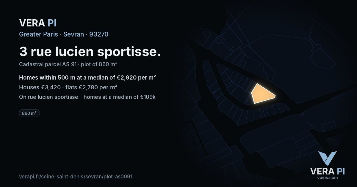 3 rue lucien sportisse, Sevran at night – the plot lit, the parcels around coloured by the prices near them
