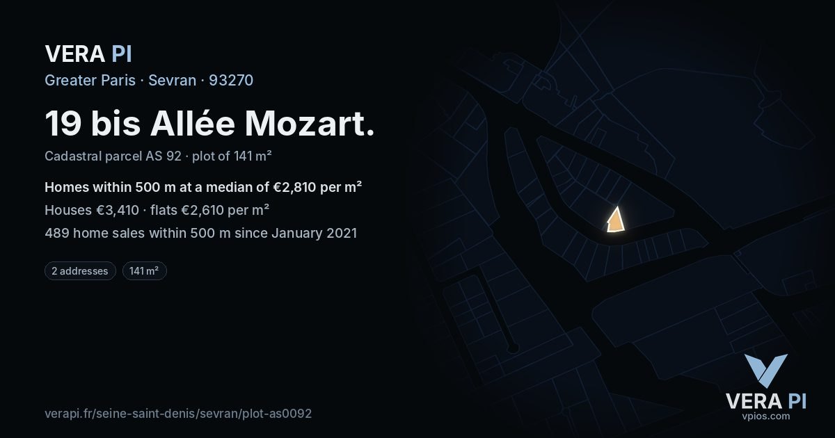19 bis Allée Mozart, Sevran at night – the plot lit, the parcels around coloured by the prices near them