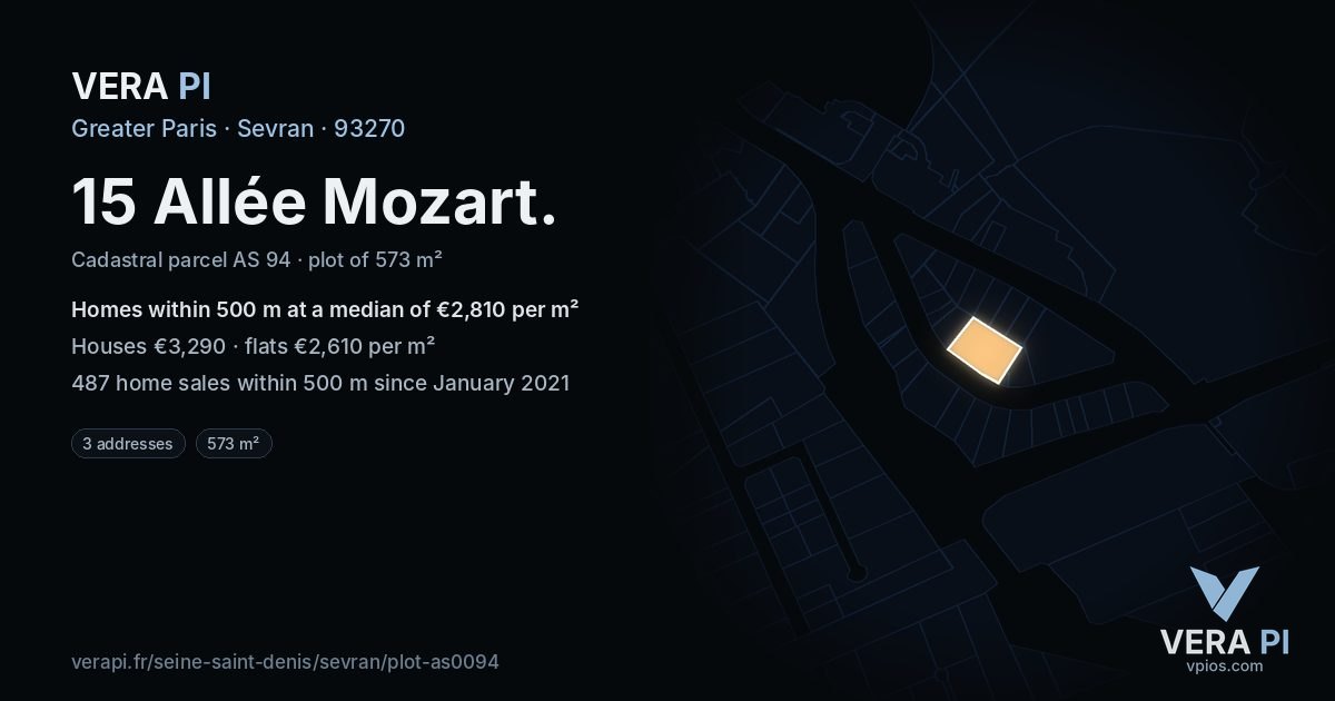 15 Allée Mozart, Sevran at night – the plot lit, the parcels around coloured by the prices near them