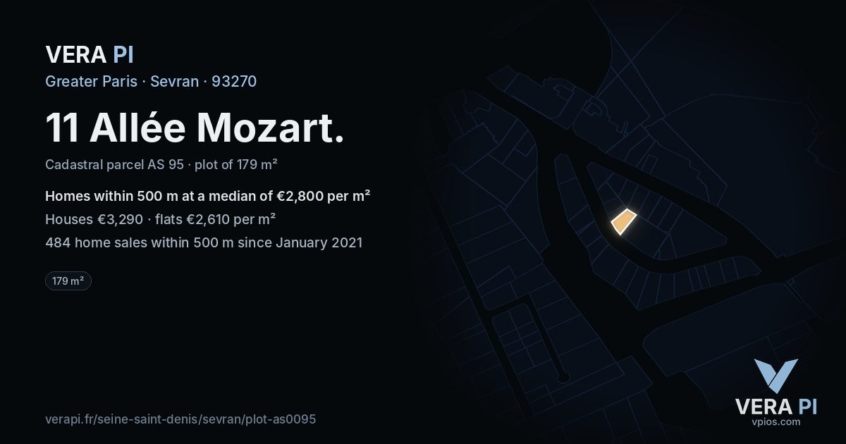 11 Allée Mozart, Sevran at night – the plot lit, the parcels around coloured by the prices near them