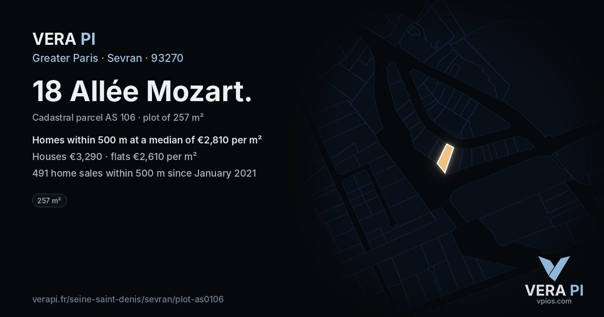 18 Allée Mozart, Sevran at night – the plot lit, the parcels around coloured by the prices near them