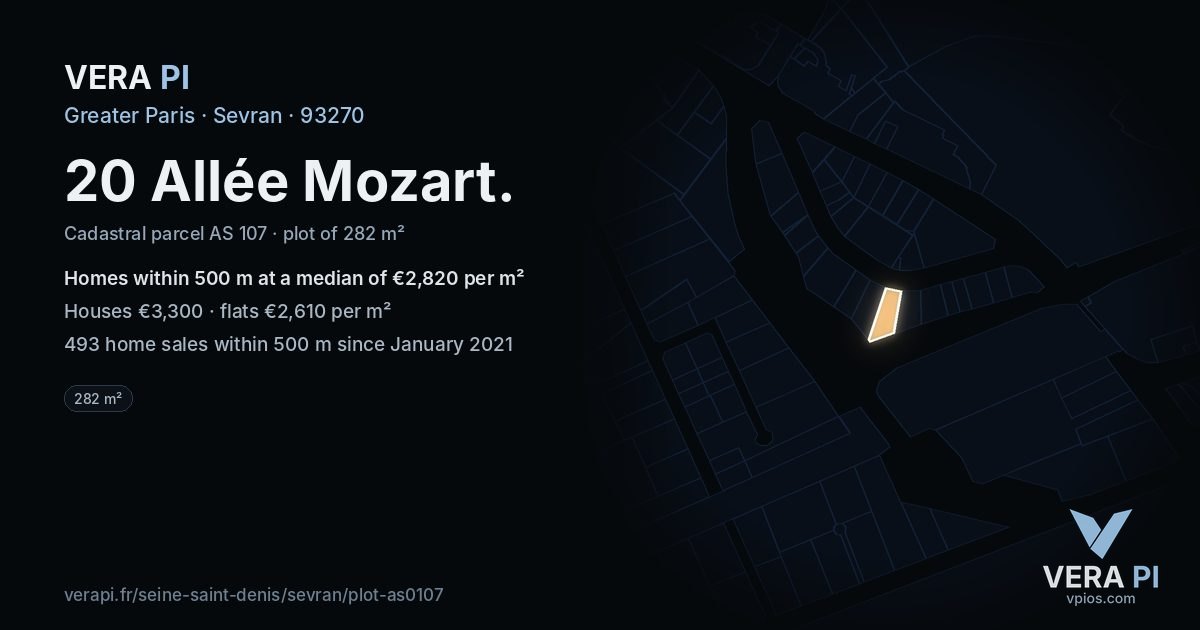 20 Allée Mozart, Sevran at night – the plot lit, the parcels around coloured by the prices near them