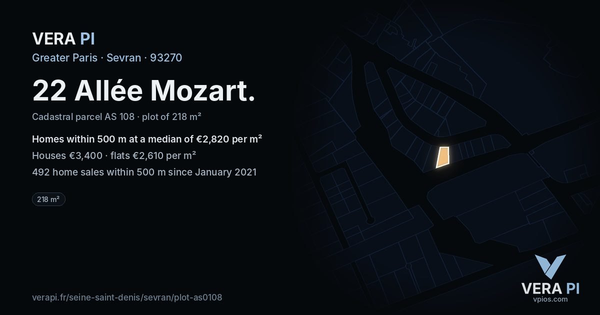 22 Allée Mozart, Sevran at night – the plot lit, the parcels around coloured by the prices near them