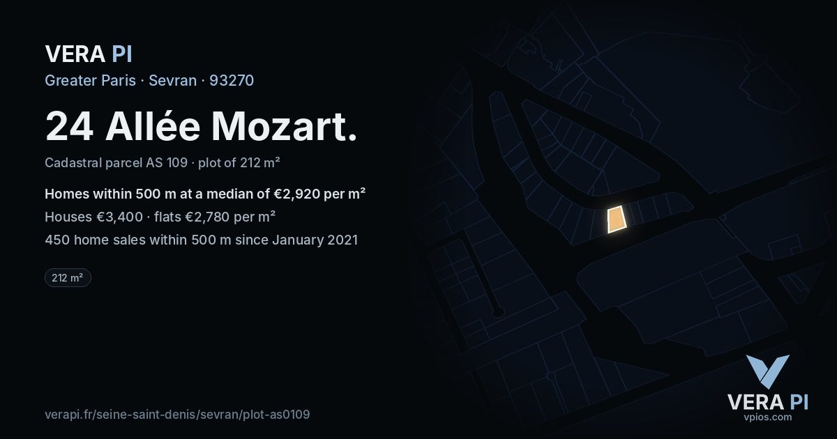 24 Allée Mozart, Sevran at night – the plot lit, the parcels around coloured by the prices near them