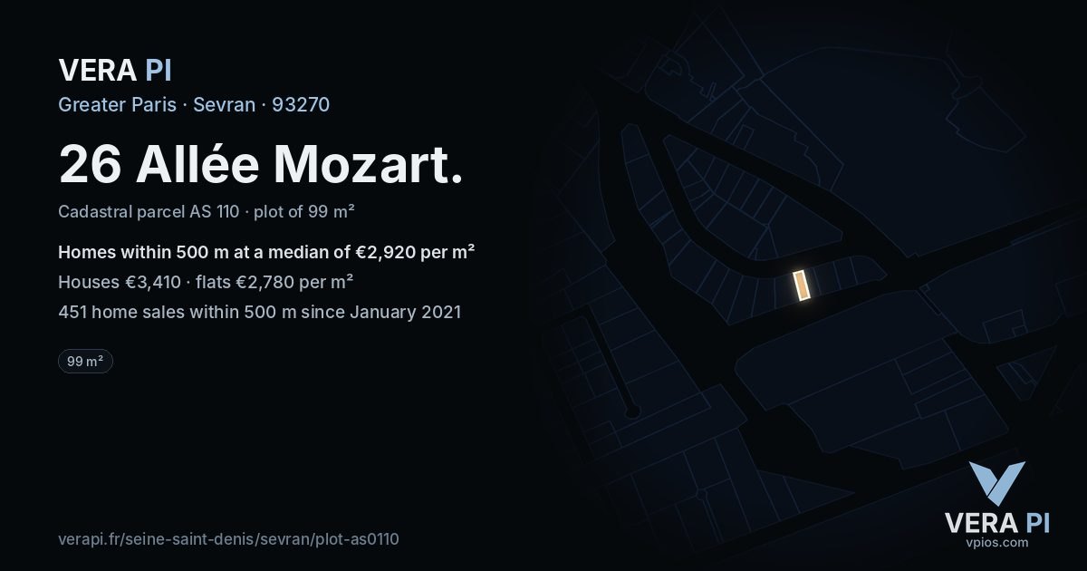 26 Allée Mozart, Sevran at night – the plot lit, the parcels around coloured by the prices near them