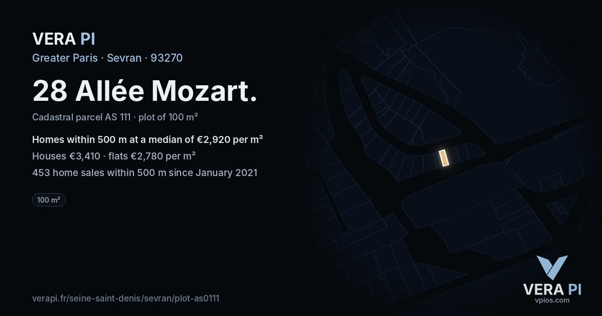 28 Allée Mozart, Sevran at night – the plot lit, the parcels around coloured by the prices near them
