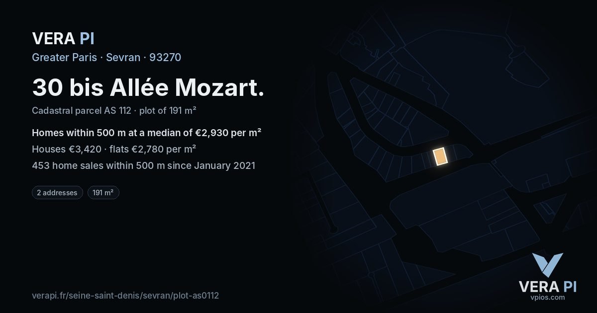30 bis Allée Mozart, Sevran at night – the plot lit, the parcels around coloured by the prices near them