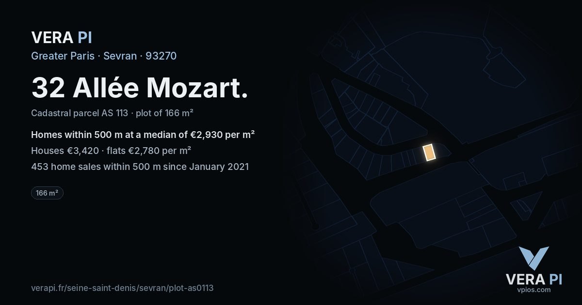 32 Allée Mozart, Sevran at night – the plot lit, the parcels around coloured by the prices near them