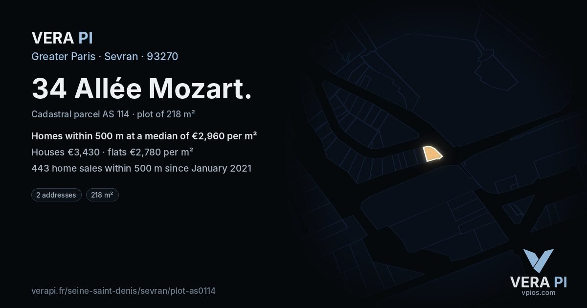 34 Allée Mozart, Sevran at night – the plot lit, the parcels around coloured by the prices near them