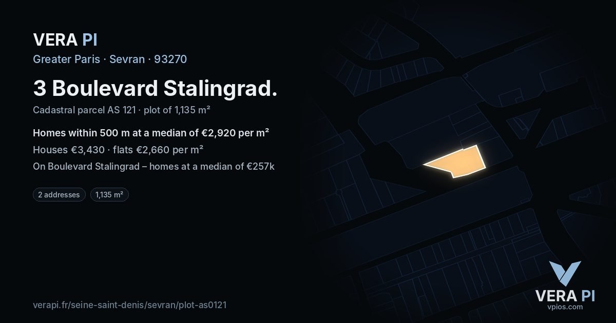 3 Boulevard Stalingrad, Sevran at night – the plot lit, the parcels around coloured by the prices near them