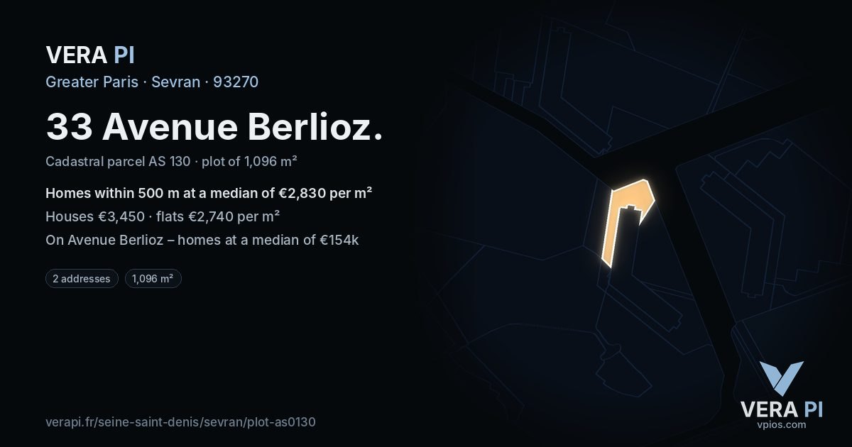 33 Avenue Berlioz, Sevran at night – the plot lit, the parcels around coloured by the prices near them