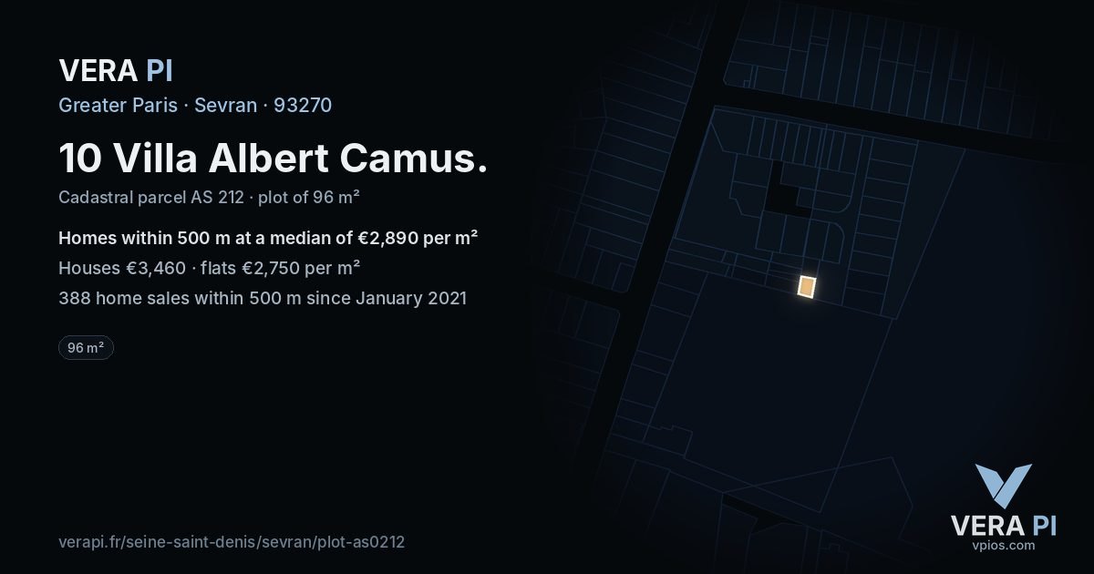 10 Villa Albert Camus, Sevran at night – the plot lit, the parcels around coloured by the prices near them