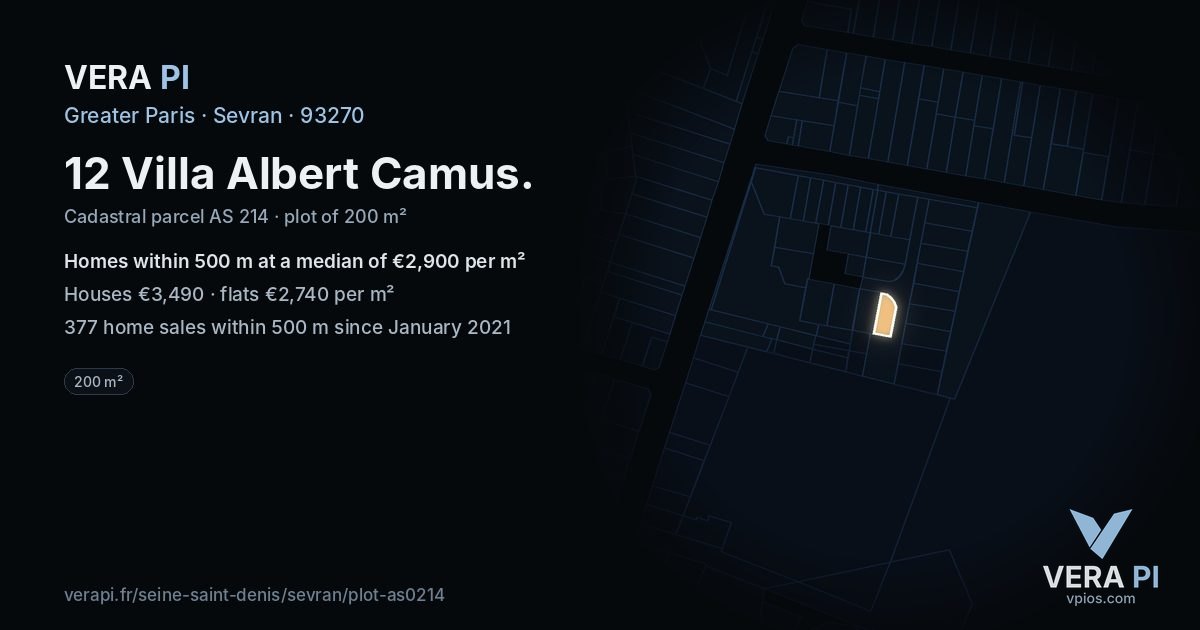 12 Villa Albert Camus, Sevran at night – the plot lit, the parcels around coloured by the prices near them
