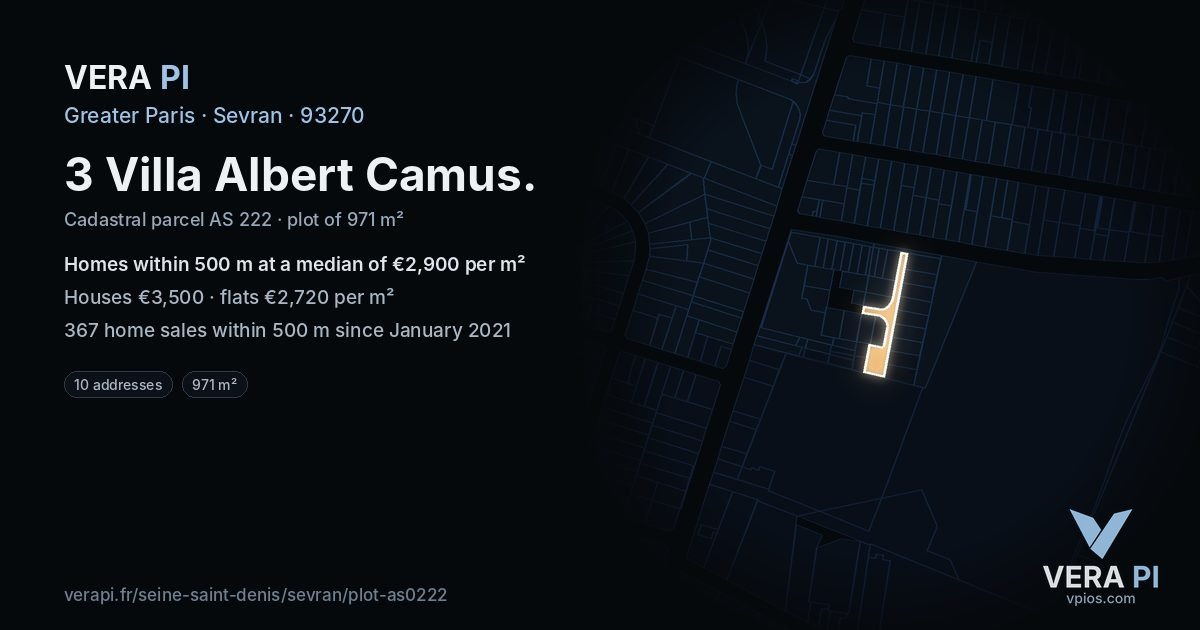 3 Villa Albert Camus, Sevran at night – the plot lit, the parcels around coloured by the prices near them