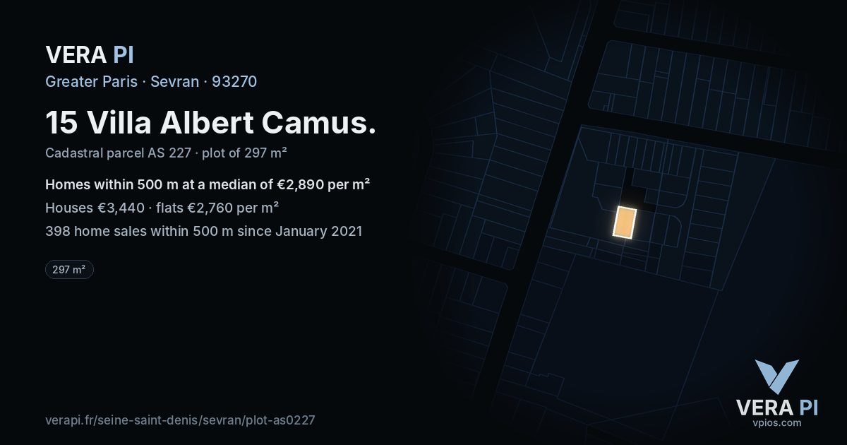 15 Villa Albert Camus, Sevran at night – the plot lit, the parcels around coloured by the prices near them