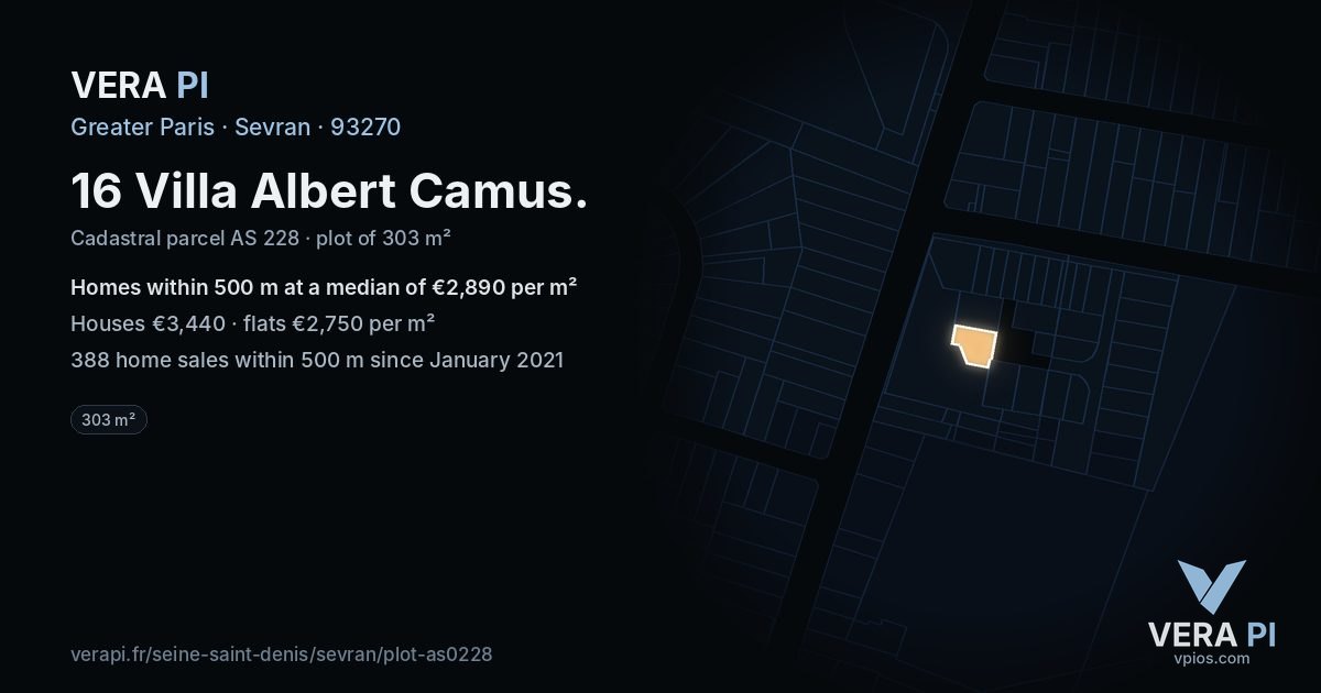 16 Villa Albert Camus, Sevran at night – the plot lit, the parcels around coloured by the prices near them