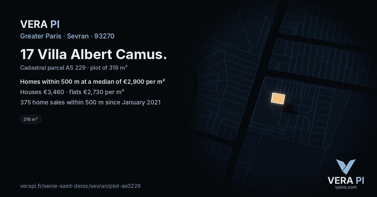 17 Villa Albert Camus, Sevran at night – the plot lit, the parcels around coloured by the prices near them