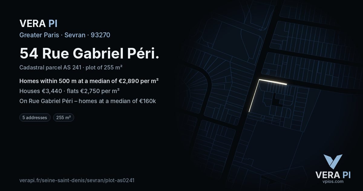 54 Rue Gabriel Péri, Sevran at night – the plot lit, the parcels around coloured by the prices near them