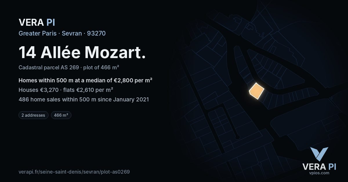 14 Allée Mozart, Sevran at night – the plot lit, the parcels around coloured by the prices near them