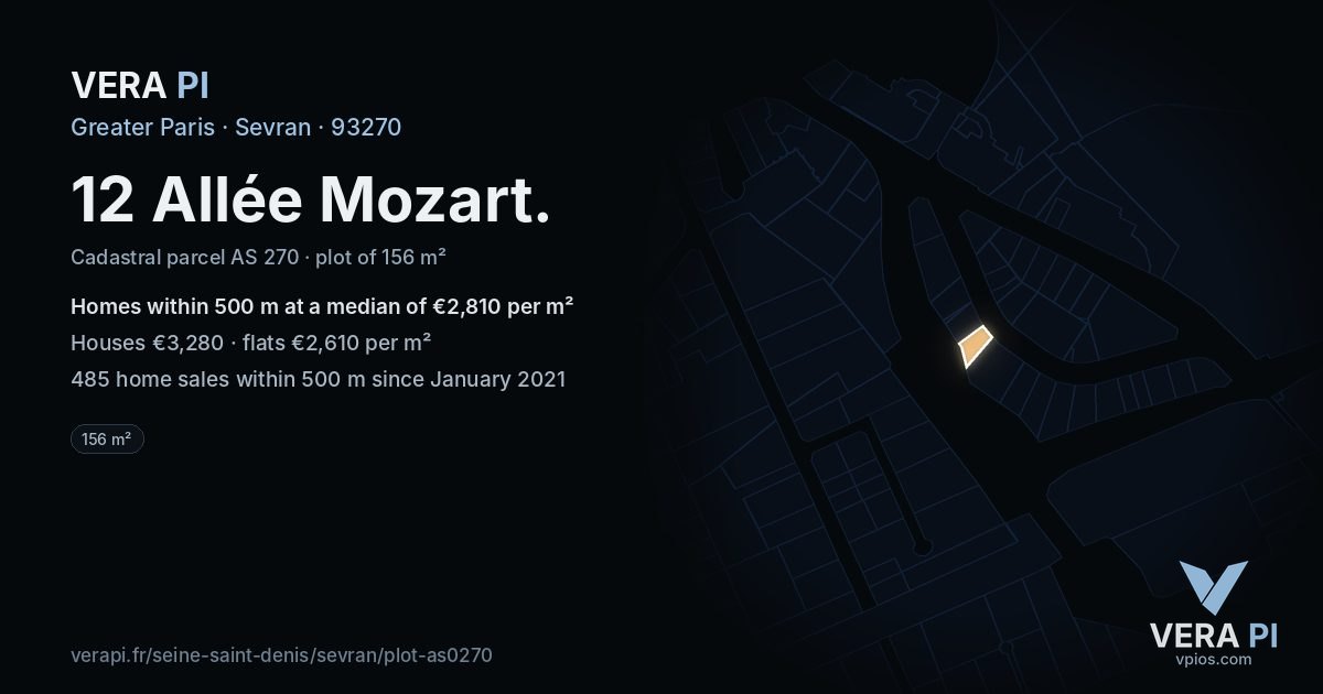12 Allée Mozart, Sevran at night – the plot lit, the parcels around coloured by the prices near them