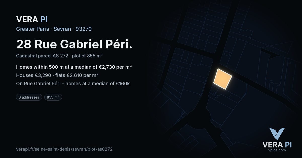 28 Rue Gabriel Péri, Sevran at night – the plot lit, the parcels around coloured by the prices near them