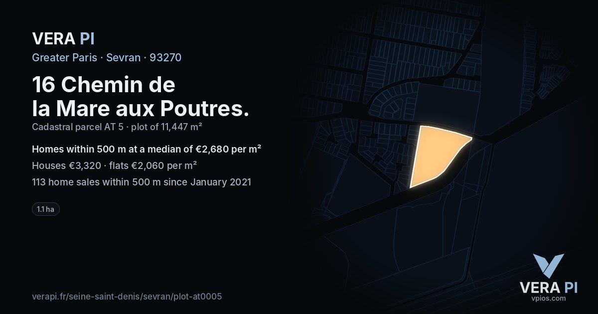 16 Chemin de la Mare aux Poutres, Sevran at night – the plot lit, the parcels around coloured by the prices near them