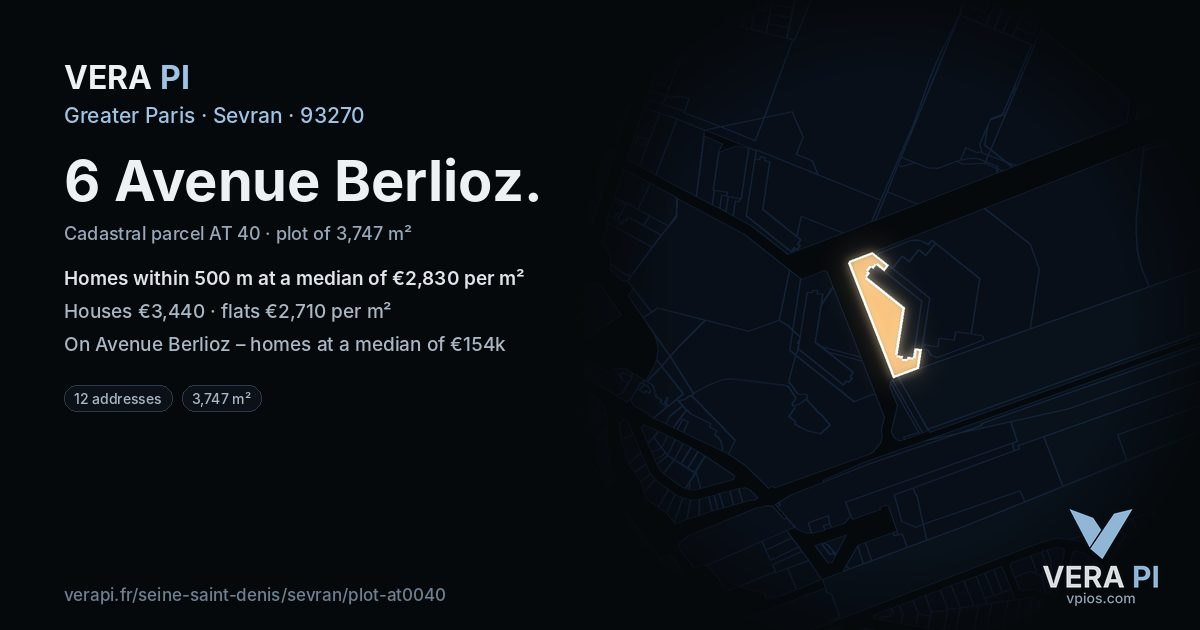 6 Avenue Berlioz, Sevran at night – the plot lit, the parcels around coloured by the prices near them