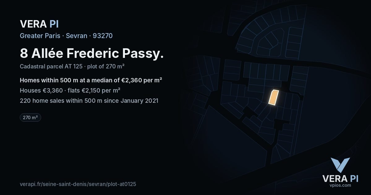 8 Allée Frederic Passy, Sevran at night – the plot lit, the parcels around coloured by the prices near them