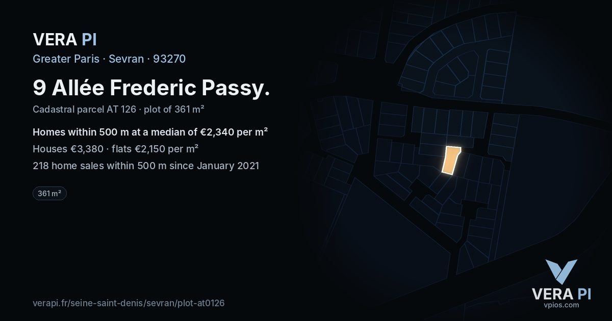 9 Allée Frederic Passy, Sevran at night – the plot lit, the parcels around coloured by the prices near them