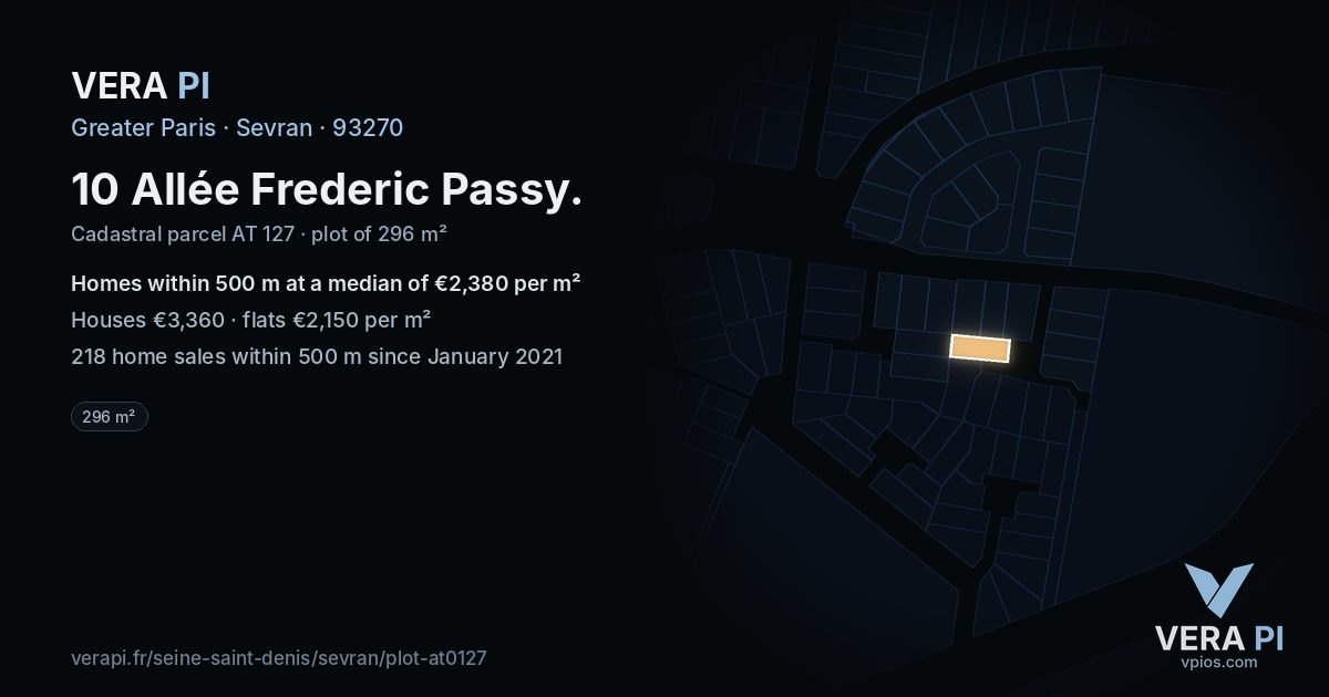 10 Allée Frederic Passy, Sevran at night – the plot lit, the parcels around coloured by the prices near them