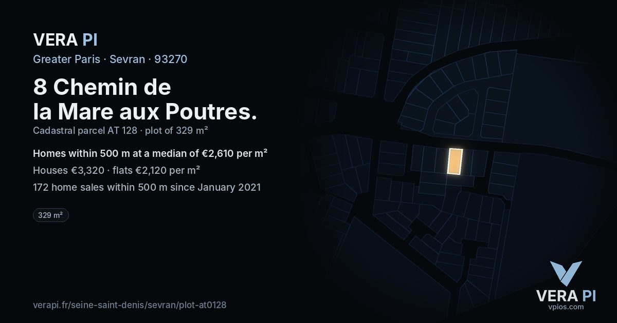 8 Chemin de la Mare aux Poutres, Sevran at night – the plot lit, the parcels around coloured by the prices near them
