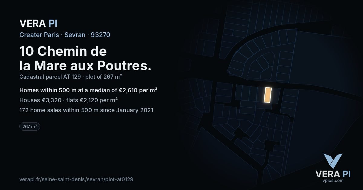 10 Chemin de la Mare aux Poutres, Sevran at night – the plot lit, the parcels around coloured by the prices near them