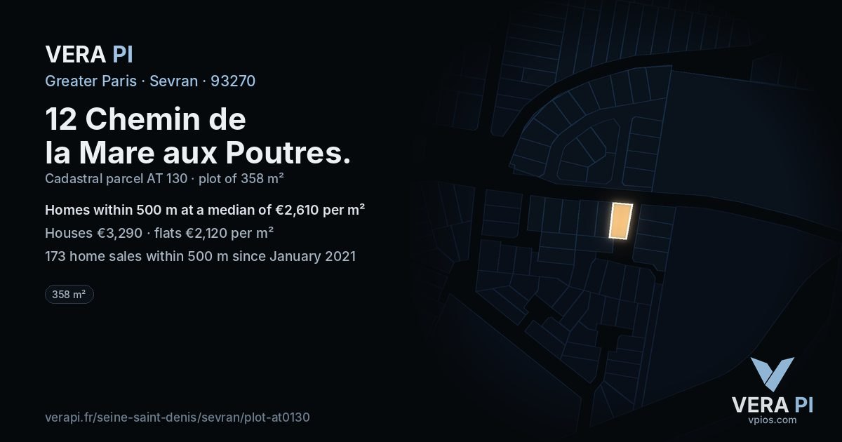 12 Chemin de la Mare aux Poutres, Sevran at night – the plot lit, the parcels around coloured by the prices near them