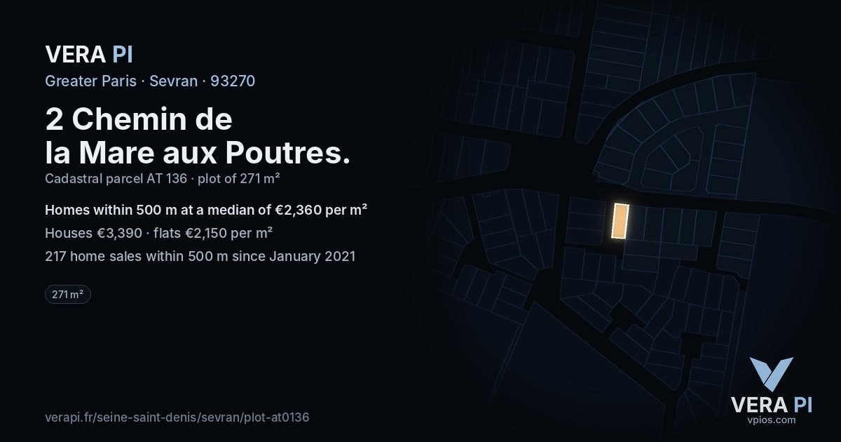 2 Chemin de la Mare aux Poutres, Sevran at night – the plot lit, the parcels around coloured by the prices near them