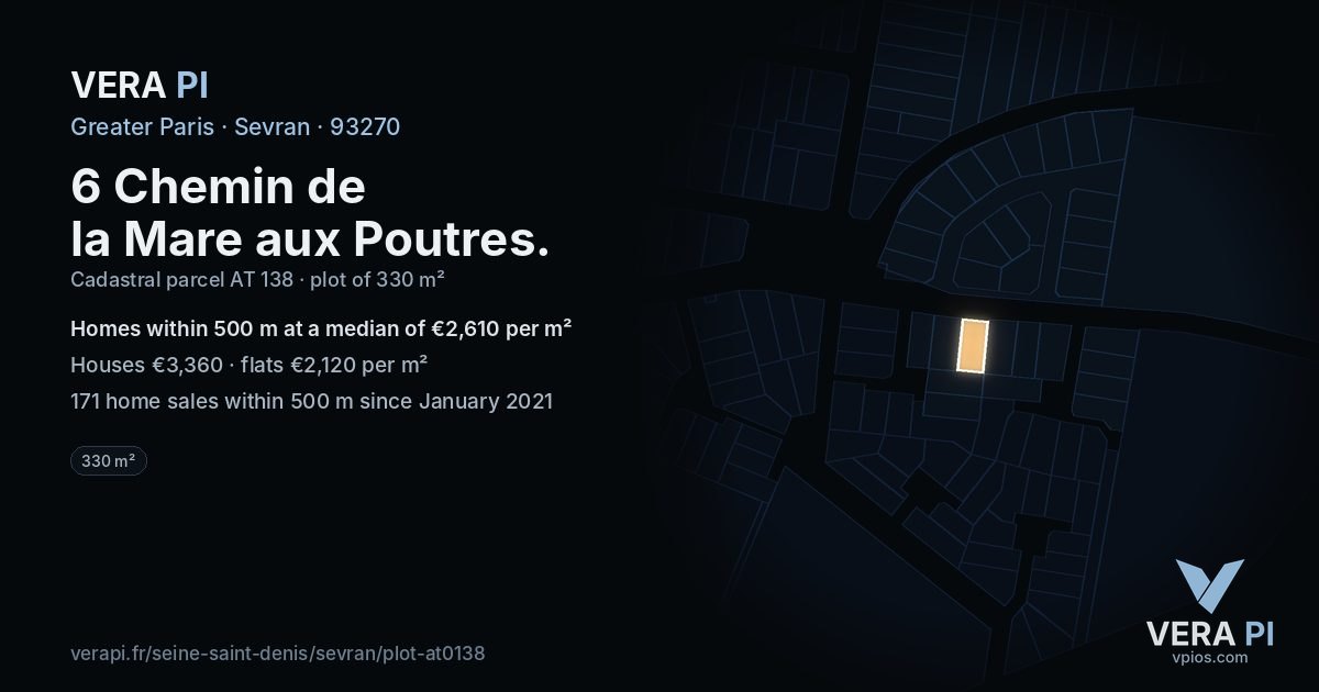6 Chemin de la Mare aux Poutres, Sevran at night – the plot lit, the parcels around coloured by the prices near them