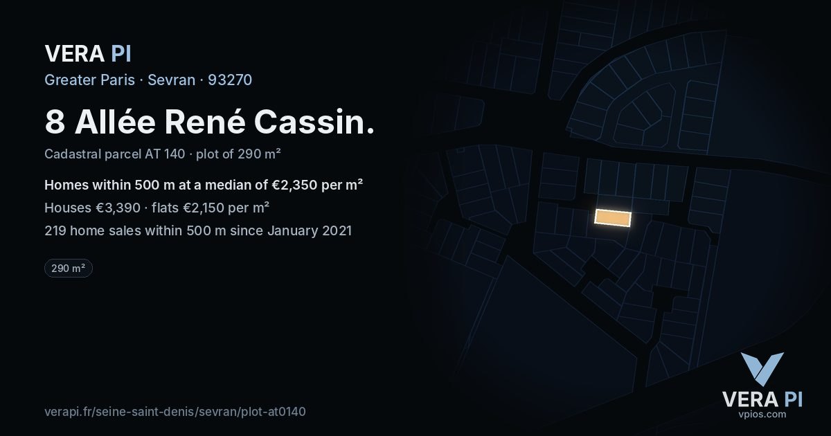 8 Allée René Cassin, Sevran at night – the plot lit, the parcels around coloured by the prices near them