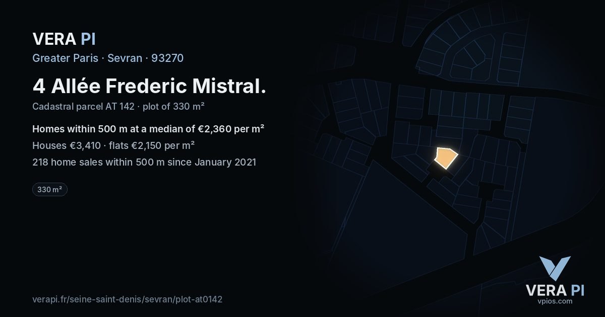4 Allée Frederic Mistral, Sevran at night – the plot lit, the parcels around coloured by the prices near them