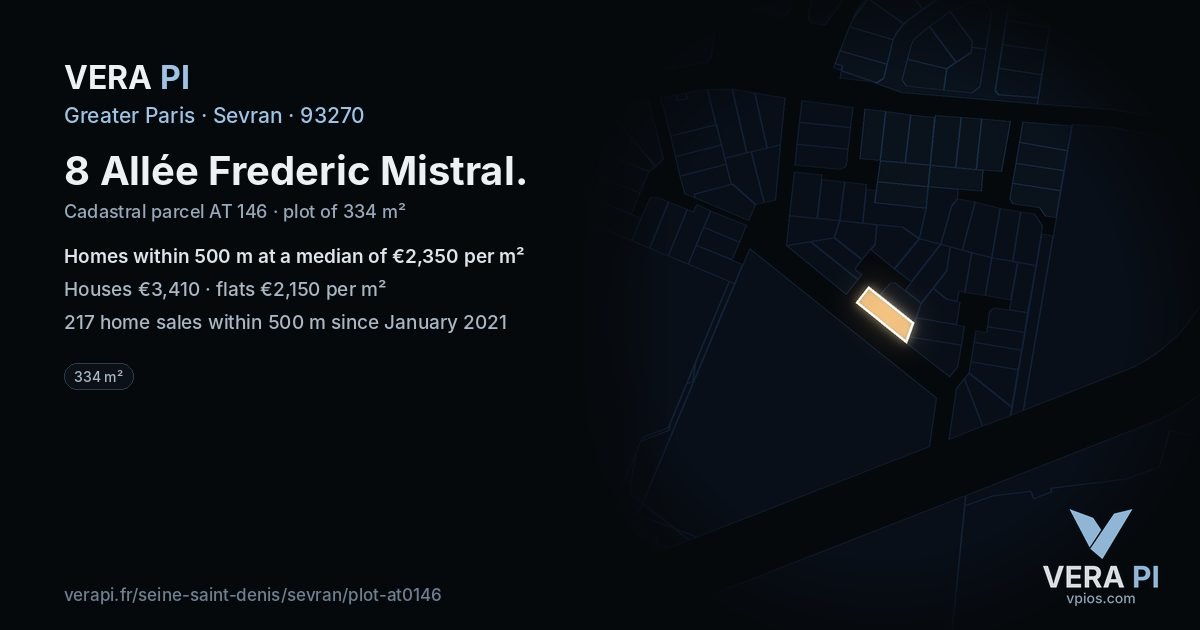 8 Allée Frederic Mistral, Sevran at night – the plot lit, the parcels around coloured by the prices near them