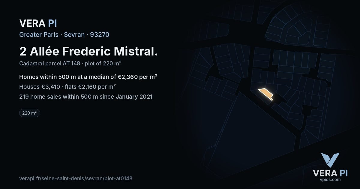 2 Allée Frederic Mistral, Sevran at night – the plot lit, the parcels around coloured by the prices near them