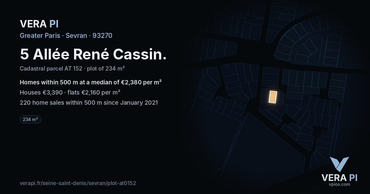 5 Allée René Cassin, Sevran at night – the plot lit, the parcels around coloured by the prices near them