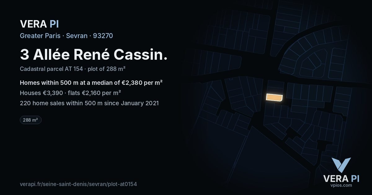 3 Allée René Cassin, Sevran at night – the plot lit, the parcels around coloured by the prices near them
