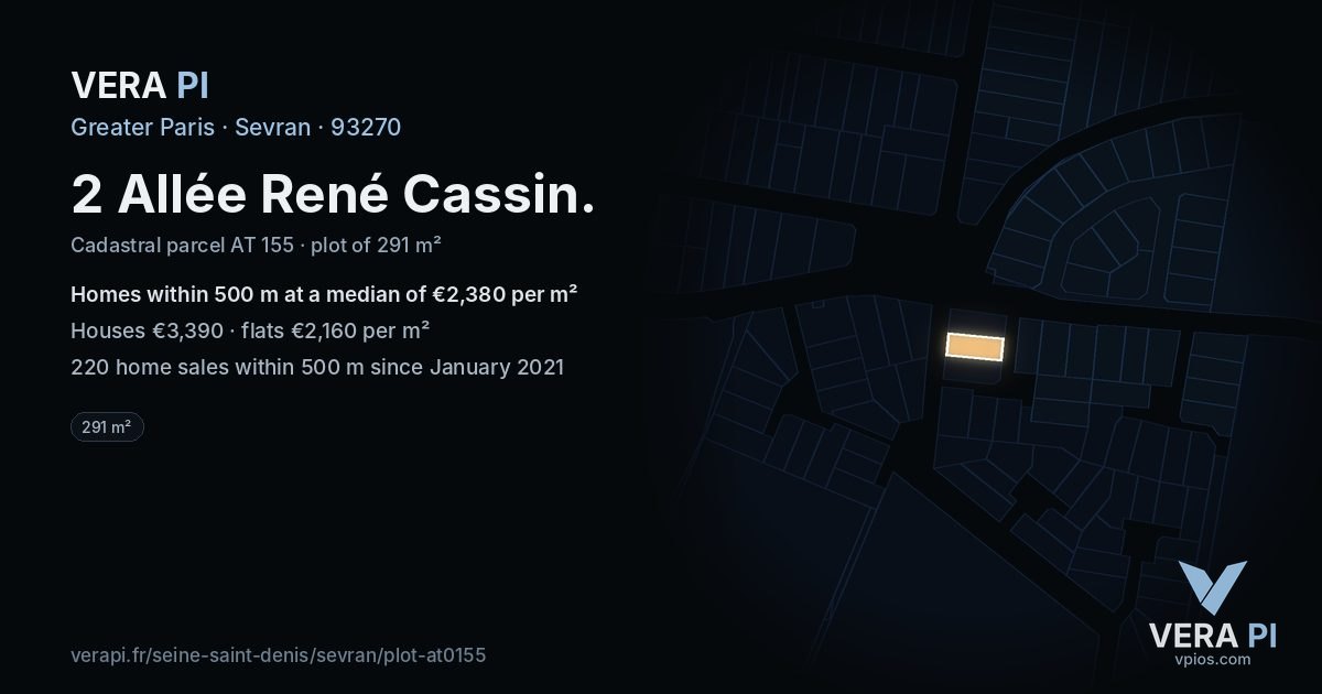 2 Allée René Cassin, Sevran at night – the plot lit, the parcels around coloured by the prices near them