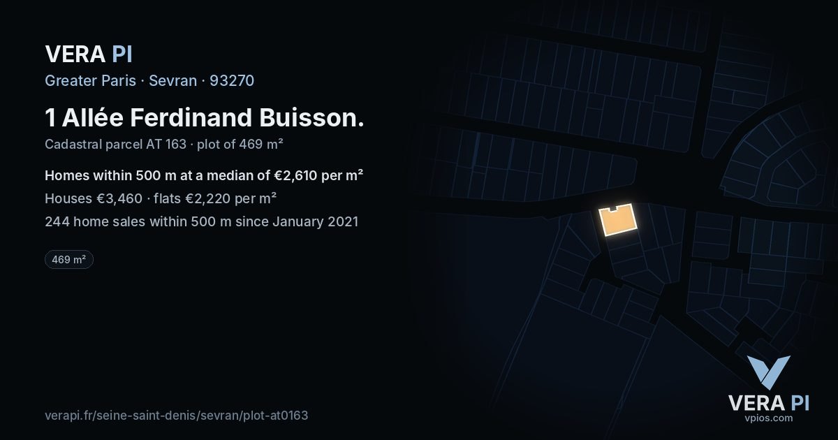 1 Allée Ferdinand Buisson, Sevran at night – the plot lit, the parcels around coloured by the prices near them